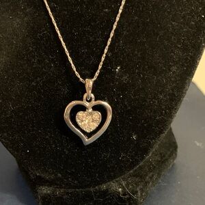 Silver-Tone Heart Pendant Necklace with Pave Crystal Center